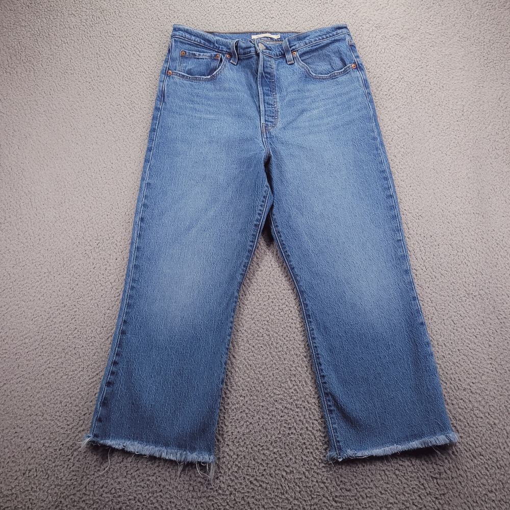 LEVIS Jean Size 31 Ribcage Crop Boot Frayed Hem Premium Medium Wash Denim